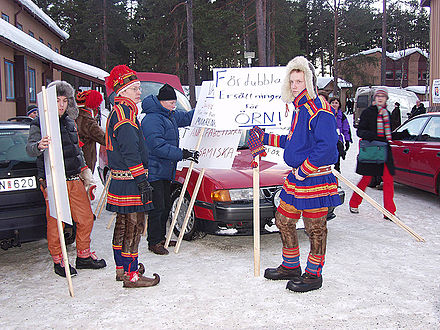 Protest samischer Rentierhüter in Jokkmokk, Schweden, gegen zu geringe Ersatzleistungen beim Verlust von Rentieren durch Raubtiere